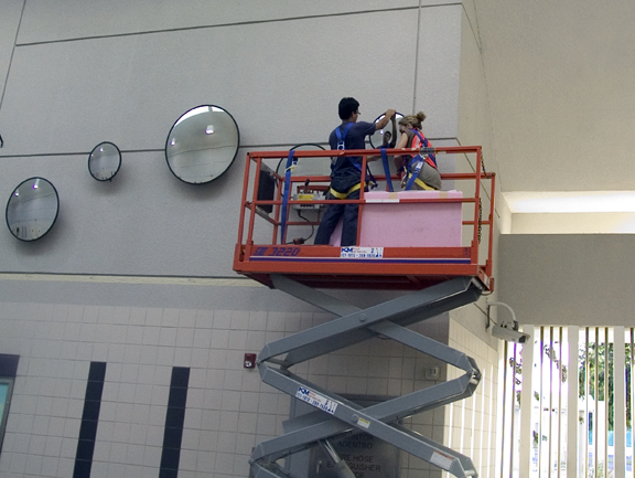 Installation of mirrors, "Reflections," by Devorah Sperber, 60,000 spools of thread, 23 convex mirrors, Centro Medico Train Station, San Juan, Puerto Rico, 2003- 2004, commissioned by the Governement of Puerto Rico