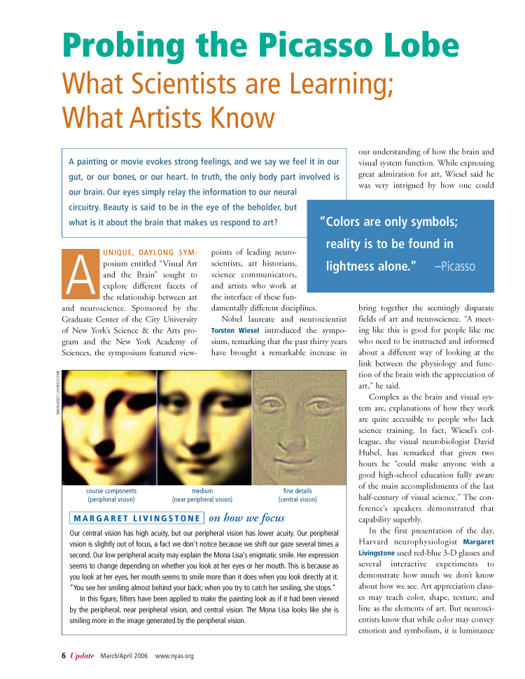 "Probing the Picasso Lobe: Visual Art and the Brain," Featuring Cover Photo of Work by Devorah Sperber and Article,  The New York Academy of Sciences Magazine, March/April 2006